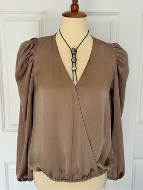 Sam and Jess Taupe Silky Wrap-Front Long Sleeve Blouse with Puff Sleeves